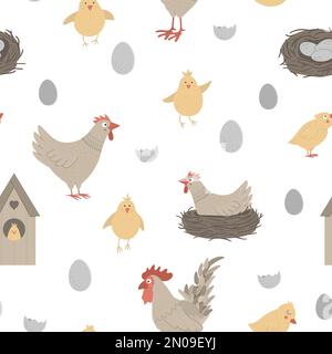 Modello vettoriale senza cuciture con gallina simpatica, gallo, pulcini, uova, nido. Primavera o Pasqua sfondo divertente ripetizione. Carta digitale con Chris Illustrazione Vettoriale