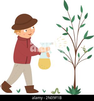 Illustrazione vettoriale di un ragazzo che spruzzava l'albero per i pilastri isolati su sfondo bianco. Cute capretto che fa il lavoro del giardino. Attività di giardinaggio primaverile pi Illustrazione Vettoriale