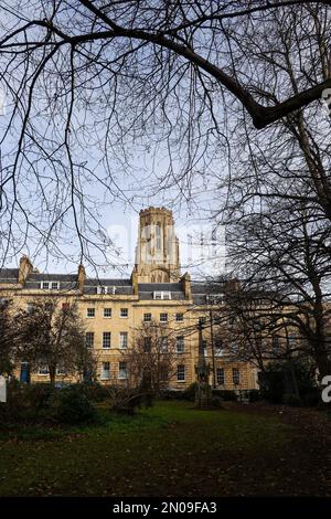 Wills Memorial Building, Bristol, Regno Unito, visto dalla Georgian Berkeley Square, incorniciato dagli alberi del parco Foto Stock