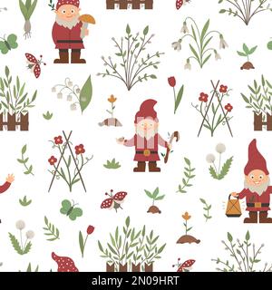 Modello vettoriale senza cuciture con gnomi da giardino, cespugli, fiori, erbe, piante. Sfondo di ripetizione con le cose di giardinaggio. Struttura della molla piatta. Illustrazione Vettoriale