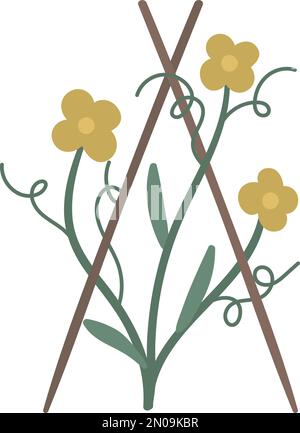 Immagine vettoriale del fiore giallo giardino su palafitte. Piccola pianta isolata su sfondo bianco. Illustrazione della molla piatta. Icona giardinaggio Illustrazione Vettoriale