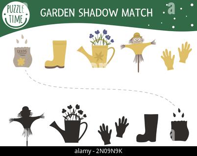 Attività di abbinamento delle ombre per bambini con simboli del giardino. Puzzle prescolare con attrezzi da giardinaggio e attrezzature. Carino indovinello educativo primavera. Trova t Illustrazione Vettoriale