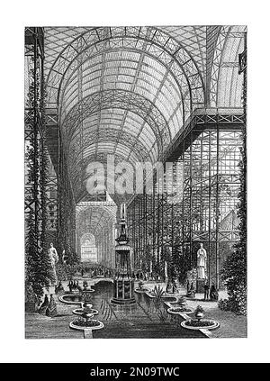 Incisione del 19th° secolo raffigurante il Crystal Palace di Londra. Illustrazione pubblicata in Systematischer Bilder Atlas - Bauwesen, Ikonographische Encyk Foto Stock