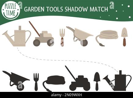 Attività di abbinamento delle ombre per i bambini con attrezzi da giardino. Puzzle prescolare con attrezzatura da giardinaggio. Carino indovinello educativo primavera. Individuare i corretti Illustrazione Vettoriale