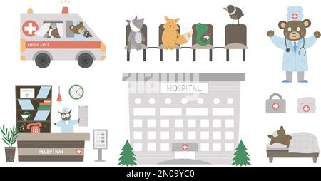 Set medico vettoriale con animali. Simpatico edificio divertente ospedale, auto ambulanza, reception hall, medico, pazienti isolati su bianco. Concetto di assistenza sanitaria Illustrazione Vettoriale