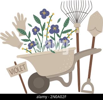 Illustrazione vettoriale di coloratissima carriola da giardino con fiori viola, rastrelli, vanga, guanti. Foto di primavera o estate in stile cartoon isolato su whit Illustrazione Vettoriale