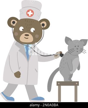 Vettore animale medico curante paziente. Orso ascoltando i polmoni del gatto. Simpatici personaggi divertenti. Foto della medicina per i bambini. Scene ospedaliere isolato o Illustrazione Vettoriale