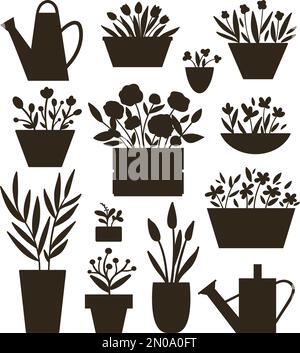Illustrazione vettoriale di piante in pentole e letti con sagome di lattine da annaffiatura . Piatto trendy mano disegnata set di piante per la casa di giardinaggio design. C Illustrazione Vettoriale