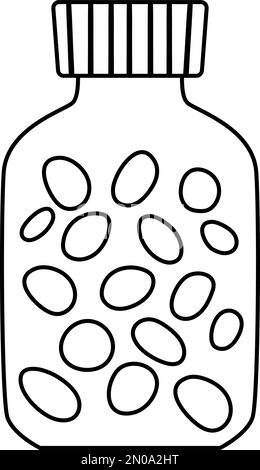 Vaso piatto vettoriale con contorno icona pillole. Immagine della linea di medicina isolata su sfondo bianco. Assistenza sanitaria, ricerca e concetto di laboratorio. Salute c Illustrazione Vettoriale