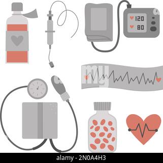 Set di icone mediche piatte vettoriali. Raccolta trattamento cardio. Apparecchiature mediche per cardiologia isolate su sfondo bianco. Arte della clip di controllo dello stato del cuore Illustrazione Vettoriale