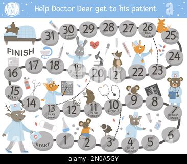 Avventura medica gioco da tavolo per bambini con personaggi carini. Medicina educativa gioco di consiglio. Passare attraverso l'attività ospedaliera. Aiuto medico cervi ottenere Illustrazione Vettoriale