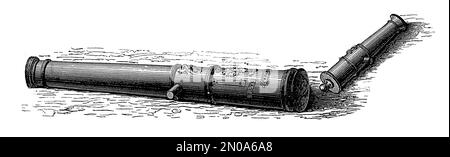 Antica illustrazione del 19th° secolo raffigurante armi e too di artiglieria tedesca e prussiana (XVII-XVIII secolo): Cannoni da 12 e 40 pozzi, armi da fuoco, Foto Stock