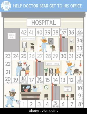 Avventura medica gioco da tavolo per bambini con personaggi carini. Medicina educativa gioco di consiglio. Passare attraverso l'attività ospedaliera. Aiutare il medico orso ottenere Illustrazione Vettoriale