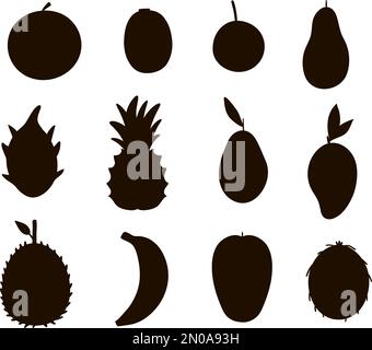 Silhouette vettoriali di frutti tropicali e bacche. Giungla fogliame nero illustrazione. Piante esotiche piatte disegnate a mano isolate su sfondo bianco. Sano Illustrazione Vettoriale