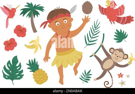 Vettore piatto africano o Papuan ragazzo con uccelli, fiori, frutta, scimmia. Carino tropicale, giungla, set esotico di elementi. Divertente collezione estiva di clip art Illustrazione Vettoriale