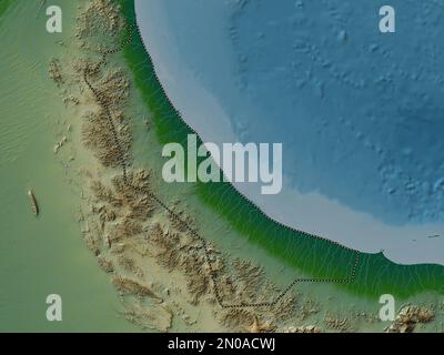 Al Batinah nord, regione di Oman. Mappa di altitudine colorata con laghi e fiumi Foto Stock