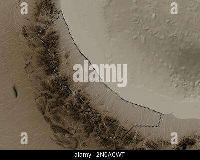 Al Batinah nord, regione di Oman. Mappa dell'altitudine colorata in tonalità seppia con laghi e fiumi Foto Stock