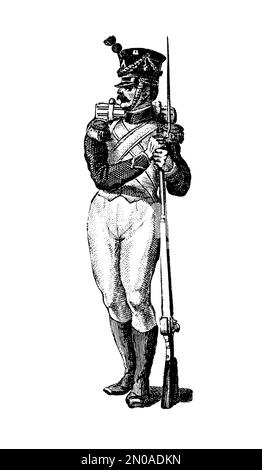 Antica incisione raffigurante le truppe di Napoleone Bonaparte del XVIII-XIX secolo. Guardsman. Illustrazione pubblicata in Systematischer Bilder Atlas - KR Foto Stock