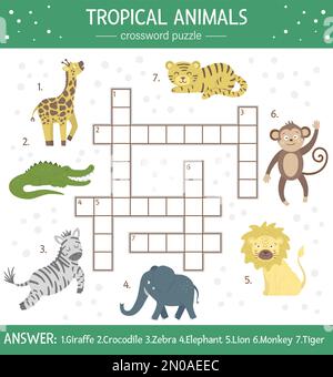 Puzzle di cruciverba di estate del vettore per i capretti. Quiz semplice con animali tropicali per bambini. Attività educativa nella giungla con simpatici personaggi divertenti Illustrazione Vettoriale