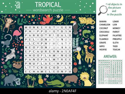 Vettore estate wordsearch puzzle per bambini. Parola chiave con animali tropicali e uccelli per bambini. Attività educativa di cruciverba nella giungla con simpatico divertente Illustrazione Vettoriale