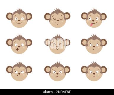 Facce di scimmia vettoriale con emozioni diverse. Set di adesivi emoji per animali. Teste con espressioni divertenti isolate su sfondo bianco. Carino avatar col Illustrazione Vettoriale