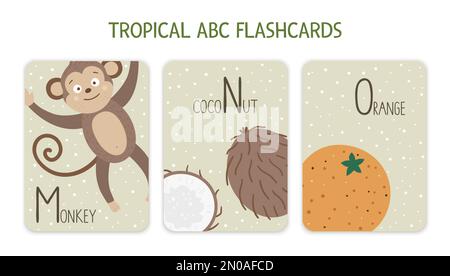 Colorate lettere alfabetiche M, N, O. flashcard con animali tropicali, uccelli, frutta, piante. Carino educativo giungla ABC schede per insegnare readi Illustrazione Vettoriale
