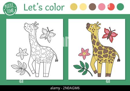 Pagina da colorare tropicale per bambini. Illustrazione della giraffa vettoriale. Cute carattere animale divertente contorno. Jungle estate libro a colori per bambini con colorato Illustrazione Vettoriale