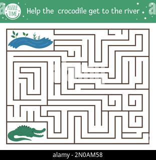 Labirinto tropicale per bambini. Attività esotica prescolare. Divertente puzzle giungla. Aiuta il coccodrillo ad arrivare al fiume. Semplice gioco estivo per bambini Illustrazione Vettoriale