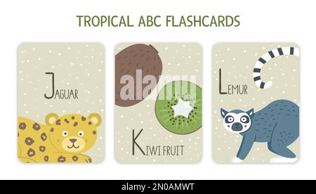 Caratteri alfabetici colorati J, K, L. flashcard phonics con animali tropicali, uccelli, frutta, piante. Carino educativo giungla ABC schede per insegnare readi Illustrazione Vettoriale