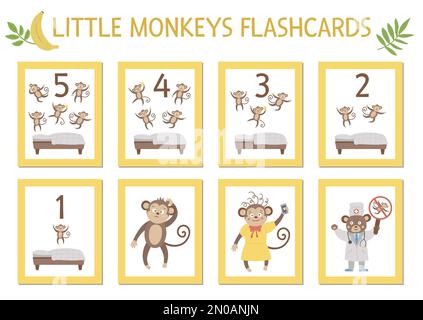Set vettoriale di flashcards educativi con carino cinque scimmie, mommy, medico, letto. Divertente filastrocca e illustrazione di canzone. Stampabile brillante ca Illustrazione Vettoriale