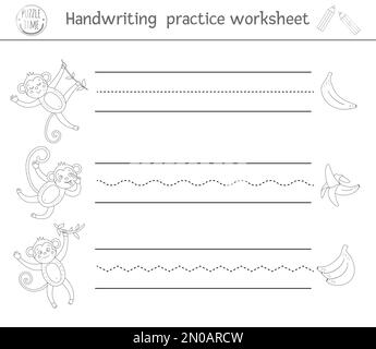 Foglio di lavoro di esercitazione sulla grafia vettoriale. Attività stampabile in bianco e nero per bambini in età prescolare. Gioco educativo per lo sviluppo di abilità di scrittura. TR Illustrazione Vettoriale