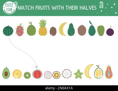 Attività tropicale di abbinamento per i bambini con frutta e le loro metà. Puzzle giungla prescolare. Carino esotico indovinello educativo. Individuare l'oggetto corretto Illustrazione Vettoriale