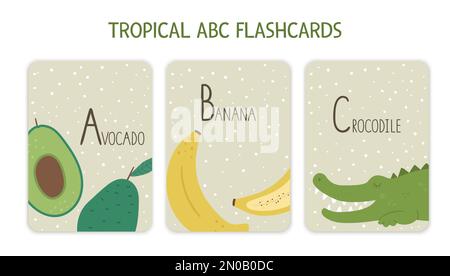 Caratteri alfabetici colorati A, B, C. flashcard phonics con animali tropicali, uccelli, frutta, piante. Carino educativo giungla ABC schede per insegnare readi Illustrazione Vettoriale