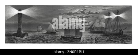Antica incisione del 19th ° secolo raffigurante il porto di notte - faro, taglierina, barca, nave leggera. Illustrazione pubblicata in Systematischer Bilder Atlas Foto Stock