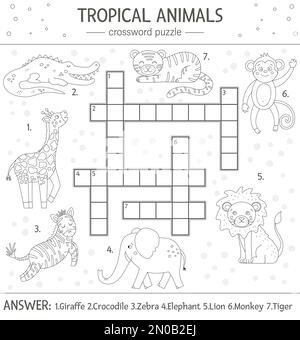 Puzzle di cruciverba di estate del vettore. Quiz semplice con animali tropicali per bambini. Attività educativa nella giungla bianca e nera con simpatici personaggi divertenti Illustrazione Vettoriale