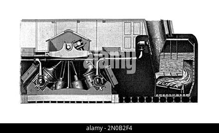 Antica illustrazione di macchine in una vaporiera a pale. Incisione pubblicata su Systematischer Bilder Atlas - Kriegwesen und Seewesen, Ikonographische en Foto Stock