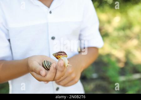 Ragazzo che gioca con le lumache carine all'aperto, primo piano. Bambino che passa il tempo in natura Foto Stock