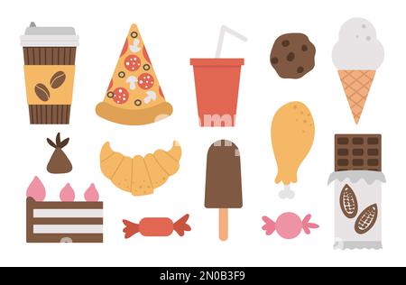 Set di icone vettoriali per cibi e bevande spazzatura. Gelato, pizza, prodotti dolci, cioccolato, caramelle, illustrazione di pasticceria isolata su fondo bianco. Appartamento ha Illustrazione Vettoriale