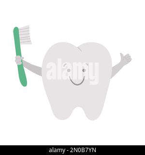 Grazioso spazzolino da denti kawaii. Icona dei denti vettoriali per la progettazione di bambini. Immagine divertente di cura dentale per i bambini. Clinica dentista bambino clipart con mout Illustrazione Vettoriale