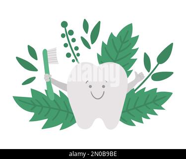 Carino dente kawaii con spazzolino da denti e pollice in su. Composizione dei denti vettoriali per la progettazione di bambini. Immagine divertente di cura dentale per i bambini. Igiene orale dentista Illustrazione Vettoriale