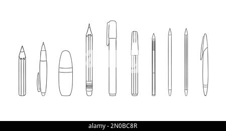 Set di icone a penna e a matita. Cancelleria colorata vettoriale, materiali per scrittura, forniture per ufficio o scuola isolate su sfondo bianco. Stile cartone animato Illustrazione Vettoriale