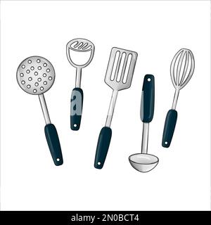 Set di stoviglie colorate Vector. Icone degli utensili da cucina isolate su sfondo bianco. Attrezzatura da cucina in stile cartone animato. Skimmer, musher di patate, vettore mestolo Illustrazione Vettoriale