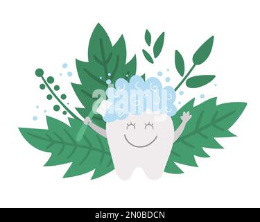 Carino dente kawaii pulizia da solo con spazzolino da denti. Composizione dei denti vettoriali per la progettazione di bambini. Immagine divertente di cura dentale per i bambini. Bocca dentista hy Illustrazione Vettoriale