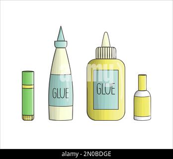 Set di icone colla. Cancelleria colorata vettoriale, materiali per scrittura, forniture per ufficio o scuola isolate su sfondo bianco. Stile cartone animato Illustrazione Vettoriale