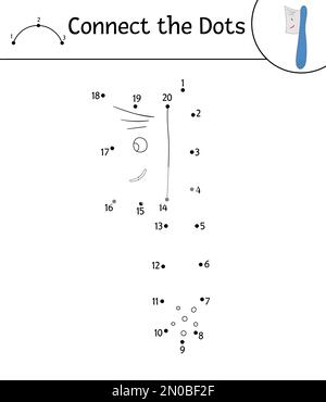 Attività vettoriale da punto a punto con il grazioso spazzolino kawaii. Collegare il gioco Dots. Personaggio divertente per la cura dei denti. Clipart a tema dentale per bambini. Illustrazione Vettoriale