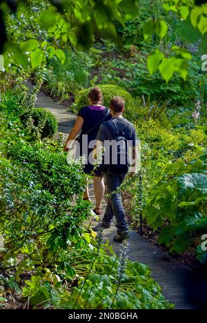 Parigi, Francia - angolo alto, coppia a piedi fuori in Giardino pubblico, giovane coppia adulto Promenading in Parc Citroen Foto Stock