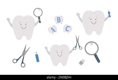 Cute Kawaii Vector denti con lente d'ingrandimento, forbici, colla, matita. Illustrazione divertente di cura dentale. Concetto di attività educativa scolastica. Bocca Ig Illustrazione Vettoriale