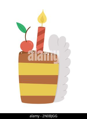 Fetta di torta di compleanno Vector carino con candela e ciliegia in cima. Divertente dessert b-day per cartellone, poster, stampa. Illustrazione luminosa di festa per il bambino Illustrazione Vettoriale