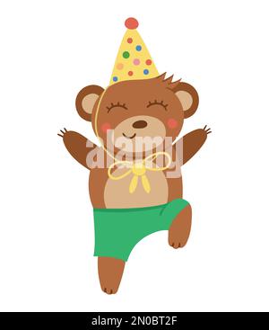 Vettore carino orso salto in cappello di compleanno. Divertente animale b-day per cartellone, poster, stampa. Illustrazione luminosa delle feste per i bambini. Celebratio allegro Illustrazione Vettoriale