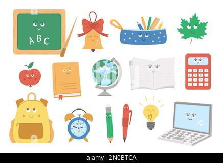 Torna alla scuola kawaii vettore insieme di elementi. Collezione educativa di clipart con simpatici oggetti piatti sorridenti. Borsa scolastica divertente, matita, allarme, essere Illustrazione Vettoriale